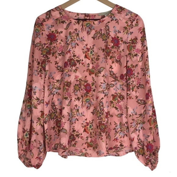 LOFT Blouse Top Floral Paisley Textured Long Sleeve Keyhole Draped Sleeves Small - Picture 10 of 10